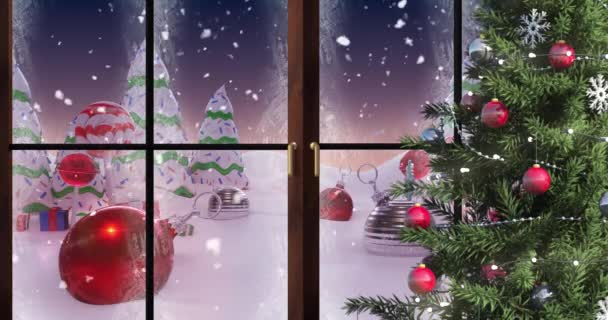 Animatie Van Sneeuw Vallen Kerstboom Winterlandschap Gezien Door Raam Kerstmis — Stockvideo