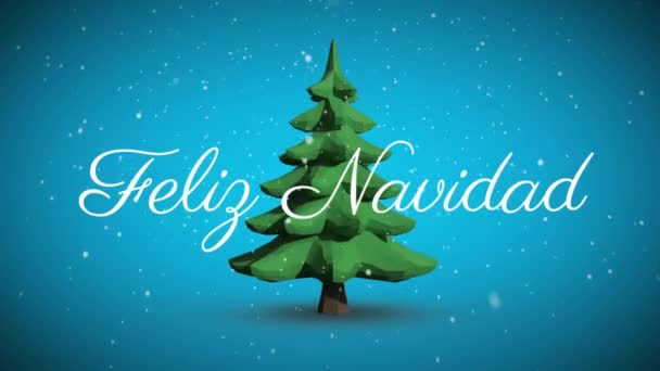 Feliz Navidad Tekst Tegen Sneeuw Vallen Draaiende Kerstboom Pictogram Blauwe — Stockvideo