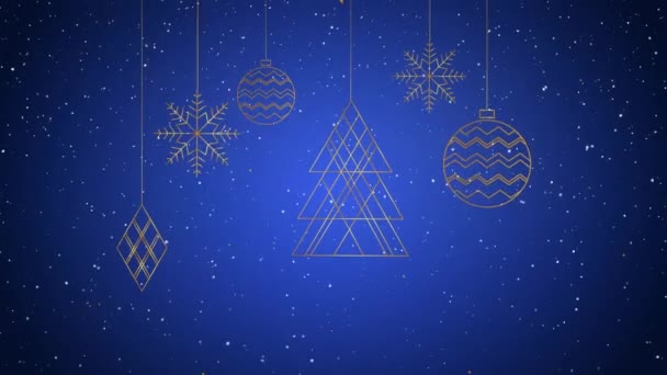 Animation Der Weihnachtsdekoration Über Schnee Der Auf Blauem Hintergrund Fällt — Stockvideo