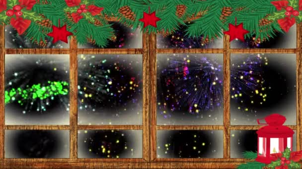 Vánoční Lampa Dřevěný Rám Okna Proti Ohňostroji Explodující Černém Pozadí — Stock video