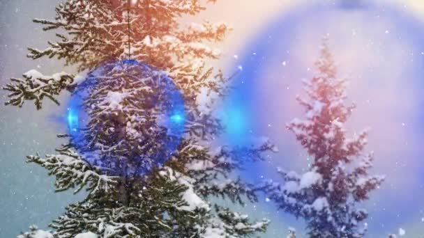 Animación Nieve Cayendo Sobre Las Bolas Navidad Paisaje Invierno Navidad — Vídeos de Stock