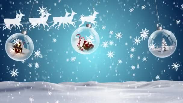 Animacja Świętego Mikołaja Saniach Reniferami Nad Śniegiem Bombkami Świątecznymi Boże — Wideo stockowe