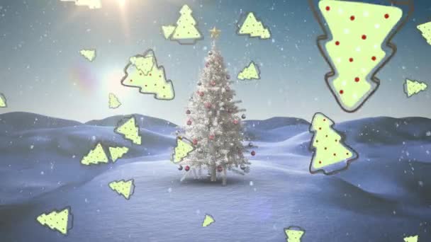 Vários Ícones Árvore Natal Caindo Contra Neve Caindo Sobre Árvore — Vídeo de Stock