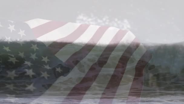 Animation Flaggan Usa Blåser Över Havet Resor Semester Patriotism Och — Stockvideo