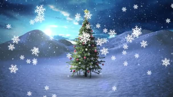 Animación Nieve Cayendo Sobre Árbol Navidad Paisaje Invierno Navidad Invierno — Vídeos de Stock