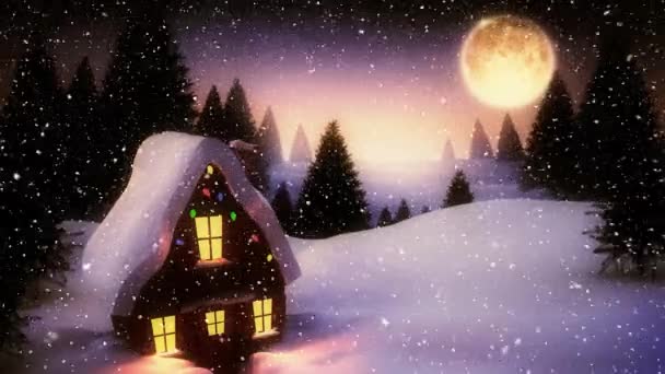 Animación Nieve Cayendo Sobre Casa Decorada Luces Hadas Navideñas Luna — Vídeos de Stock