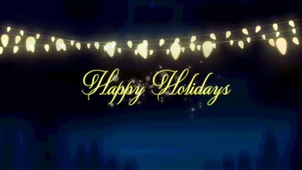 Анімація Різдвяних Сезонів Привітання Сяючі Казкові Вогні Над Зимовим Пейзажем — стокове відео