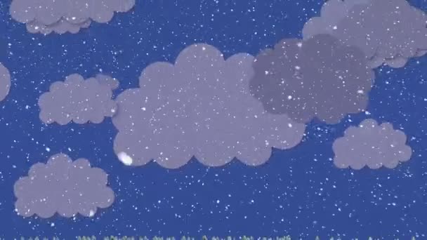 Снег Падает Несколько Деревьев Зимнем Ландшафте Против Икон Облаков Синем — стоковое видео