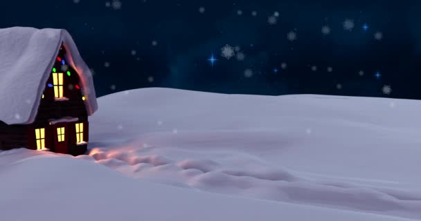 Animatie Van Sneeuw Die Huis Valt Met Kerstverlichting Winterlandschap Kerstmis — Stockvideo