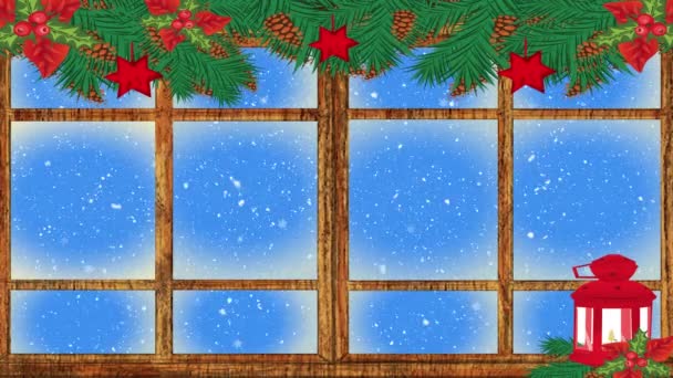 Різдвяна Лампа Підвісні Прикраси Віконна Рамка Над Сніжинками Падають Синій — стокове відео