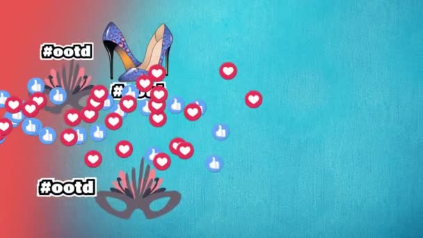 Animación Iconos Máscara Zapatos Sobre Fondo Azul Moda Accesorios Fondo — Vídeo de stock