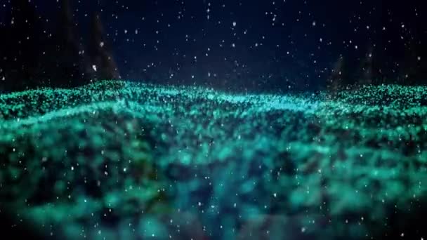 Animation Snow Falling Glowing Green Mesh Waving Background Christmas Tradition — Stock Video