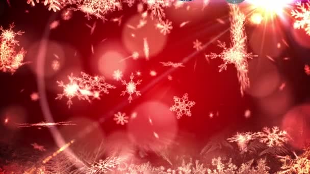 Animación Adornos Navideños Nieve Cayendo Sobre Fondo Rojo Navidad Tradición — Vídeos de Stock