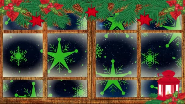 Christmas Lamp Decorations Window Frame Multiple Green Stars Icons Night — Stock Video