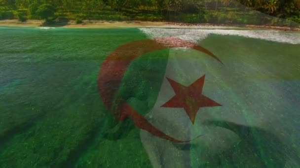 Animering Flagga Algeria Blåser Över Okej Händer Stranden Landskap Resor — Stockvideo