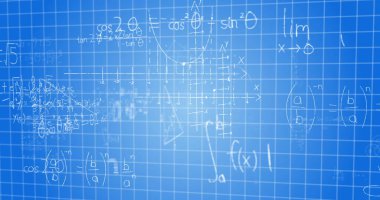 Matematiksel formüllerin resmi, veri işleme ve mavi arkaplanda akan dijital bilgi. Küresel ağ, bilim ve veri işleme kavramı dijital olarak oluşturulmuş görüntü.