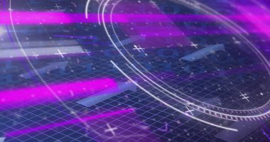 Kapsam taraması, ikili kodlama ve şebeke arka planında mavi oklar. Dijital arayüz küresel bağlantı ve dijital olarak oluşturulan iletişim konsepti.