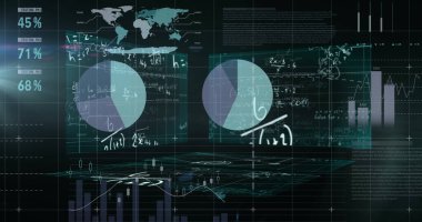 Siyah arkaplana karşı istatistiksel veri işlemesine karşı yüzen matematiksel denklemler. bilgisayar arayüzü ve teknoloji kavramı