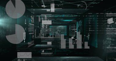 Siyah arkaplana karşı istatistiksel veri işlemesine karşı yüzen matematiksel denklemler. bilgisayar arayüzü ve teknoloji kavramı