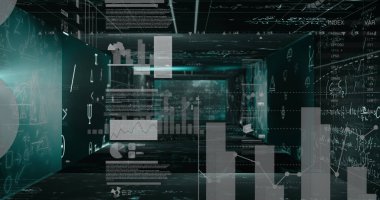 Siyah arkaplana karşı istatistiksel veri işlemesine karşı yüzen matematiksel denklemler. bilgisayar arayüzü ve teknoloji kavramı