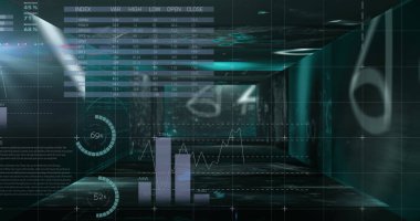 Siyah arkaplana karşı istatistiksel veri işlemesine karşı yüzen matematiksel denklemler. bilgisayar arayüzü ve teknoloji kavramı