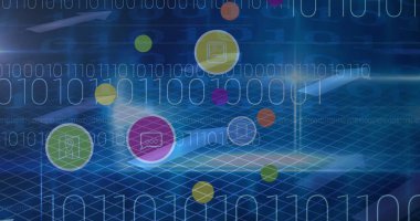 Mavi arkaplandaki oklar üzerinde ikili kodlama olan dijital simgeler ve veri işleme resimleri. küresel bağlantılar ve dijital arayüz konsepti dijital olarak oluşturulmuş görüntü.