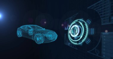 Dürbün taraması ve veri işleme ile 3D araba çizimi. global otomobil endüstrisi, teknoloji, veri işleme ve dijital arayüz kavramı dijital olarak oluşturuldu.