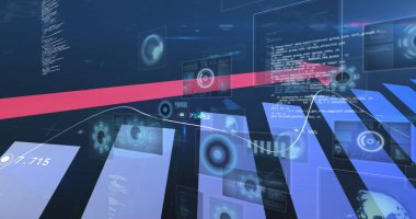 Ekranlarda pembe ok, dürbün tarama ve veri işleme. küresel bağlantılar, teknoloji ve dijital arayüz kavramı dijital olarak oluşturulmuş görüntü.