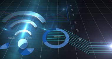 Bir ızgara üzerinde hareket eden grafikli Wi-Fi simgesi. dijital arayüz küresel bağlantılar kavramı dijital olarak oluşturulmuş görüntü.