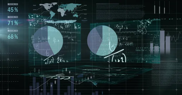 Siyah arkaplana karşı istatistiksel veri işlemesine karşı yüzen matematiksel denklemler. bilgisayar arayüzü ve teknoloji kavramı