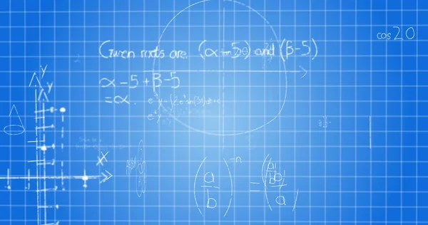 Wizerunek Wzorów Matematycznych Przetwarzania Danych Informacji Cyfrowych Płynących Niebieskim Tle — Zdjęcie stockowe