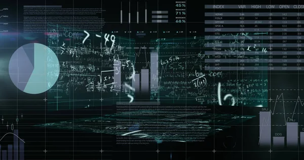 Equações Matemáticas Flutuando Contra Processamento Dados Estatísticos Contra Fundo Preto — Fotografia de Stock