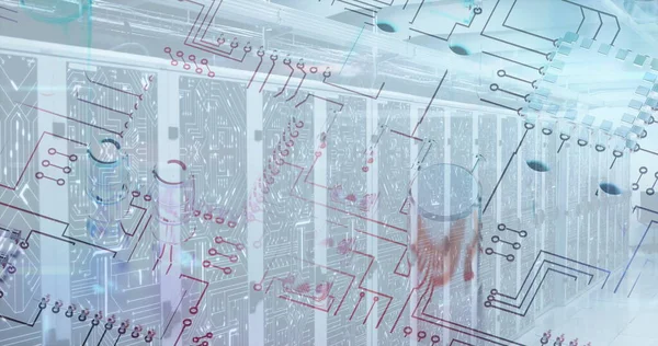 Afbeelding Van Een Microprocessor Boven Een Lege Serverruimte Digitale Interface — Stockfoto