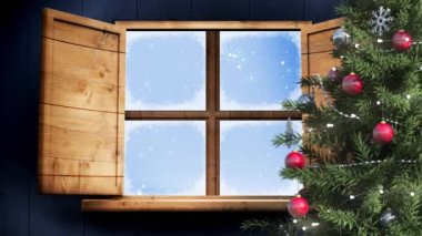 Pencereye düşen karın animasyonu ve yılbaşı süslemeleri. Noel, kış, gelenek ve kutlama konsepti dijital olarak oluşturulmuş video.