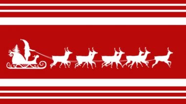Animasyon Noel Baba 'sı kızakta, ren geyikleri kırmızı çizgili Noel arkaplanına doğru ilerliyor. Noel, gelenek ve kutlama konsepti dijital olarak oluşturuldu.