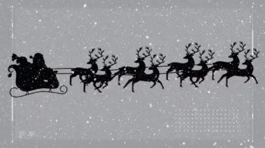 Gri arka planda kar yağan ren geyikleriyle Noel Baba 'nın kızakta canlandırılması. Noel, gelenek ve kutlama konsepti dijital olarak oluşturuldu.