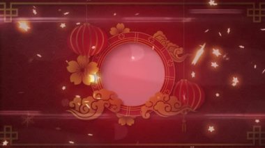 Kırmızı, altın yüzük ve dekorasyonla pembe çemberin üzerine düşen parlayan yıldızların animasyonu. Kutlama, enerji ve ışık konsepti dijital olarak oluşturulmuş video.
