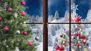 Noel ağacı ve ahşap çerçeve kış manzarasında Noel ağacının üzerine düşen kara karşı. Noel şenliği ve kutlama konsepti