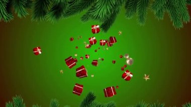 Yeşil arka plandaki köknar dallarının üzerine düşen hediyelerin animasyonu. Noel, kış, gelenek ve kutlama konsepti dijital olarak oluşturulmuş video.