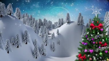 Kış manzarasında Noel ağacının üzerine düşen kar animasyonu. Noel, kış, gelenek ve kutlama konsepti dijital olarak oluşturulmuş video.