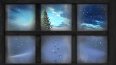 Pencere manzarası animasyonu Noel ağacı ve kış manzarası. pencere görünümü ve noel dekorasyonu canlandırması. 