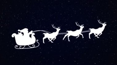 Noel Baba 'nın kızakta, yağan karların üzerinde hareket eden ren geyikleriyle canlandırması. Noel, gelenek ve kutlama konsepti dijital olarak oluşturuldu.