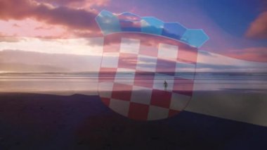 Sahilde dalgalanan Hırvat bayrağının animasyonu. seyahat, tatiller, vatanseverlik ve dijital olarak üretilen video konsepti.
