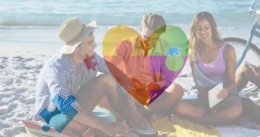 Renkli yapboz parçalarının animasyonu plajdaki mutlu insanlara karşı yürek ister. - Evet. otizm, öğrenme güçlüğü, destek ve farkındalık kavramı dijital olarak oluşturulmuş video.