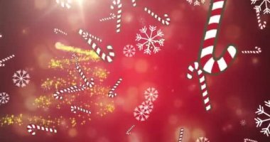 Kırmızı arkaplandan düşen şeker ve kar animasyonu. Noel, kış, gelenek ve kutlama konsepti dijital olarak oluşturulmuş video.