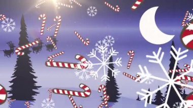 Şeker kamışı ikonları ve kar tanelerinin Noel Baba 'ya karşı düşüşü ren geyikleri tarafından çekiliyor. Noel şenliği ve kutlama konsepti