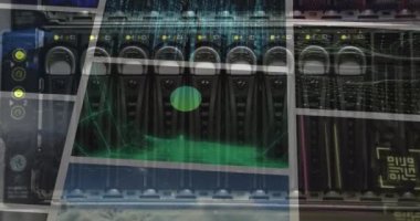 Kompozit ekranlarda oynayan renkli klipler üzerinden bilgisayar sunucusunda yanıp sönen ışıkların animasyonu. küresel iletişim, veri teknolojisi ve dijital arayüz konsepti dijital olarak oluşturulmuş video.