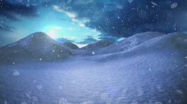 Kış manzarasında dağlardan düşen kar animasyonu. Noel, kış, gelenek ve kutlama konsepti dijital olarak oluşturulmuş video.