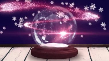 Kar küresi animasyonu. Donanma arkaplanına kar yağan bir karlı yazı. Noel, gelenek ve kutlama konsepti dijital olarak oluşturuldu.