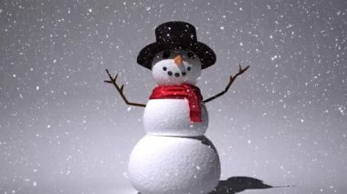 Gri zemine kar düşen kardan adamın animasyonu. Noel, gelenek ve kutlama konsepti dijital olarak oluşturuldu.